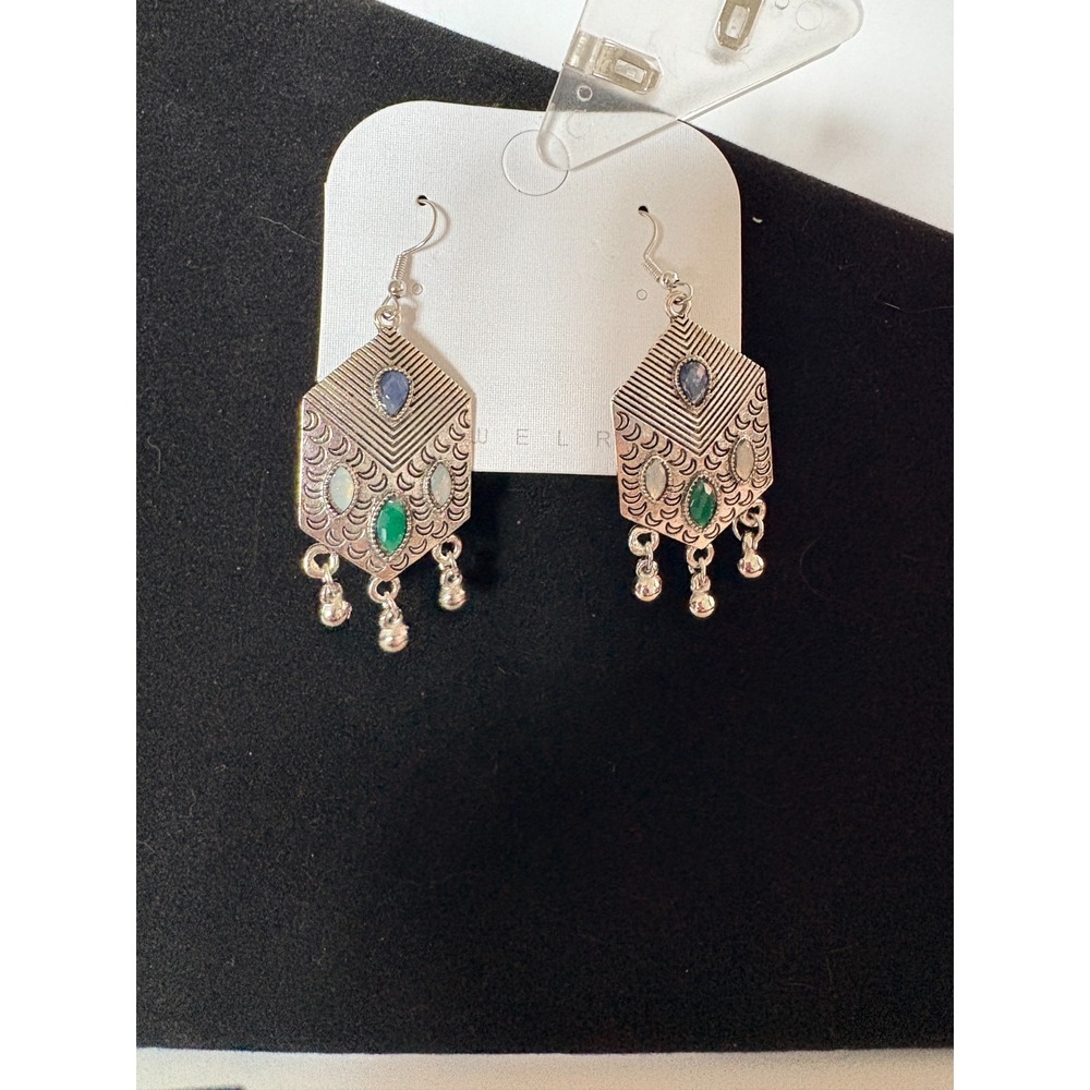 BOHO Chandelier Dangle Piercedβ Earrings Green Teardrop Silver Tone India